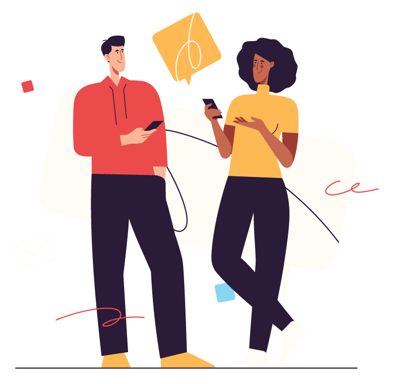 Illustration zweier Menschen, die sich mit ihren Smartphones in der Hand unterhalten